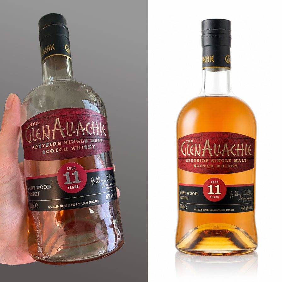 Zwei Flaschen GlenAllachie Single Malt Scotch Whisky, 11 Jahre, mit Hand und Etikettansicht.