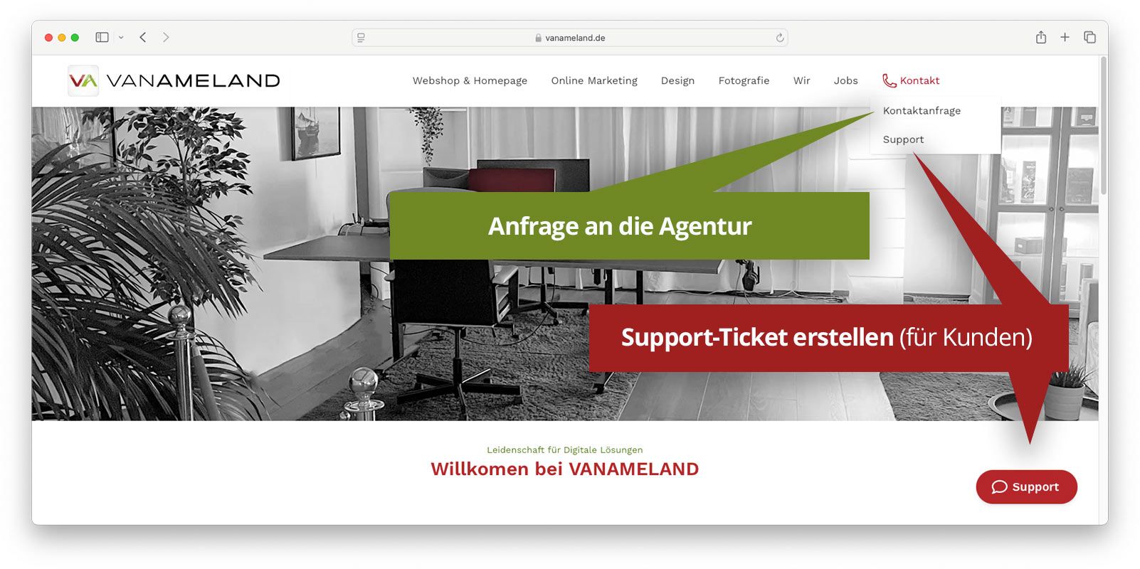 Webseite mit Button für Anfrage an Agentur und Support-Ticket-Erstellung für Kunden.