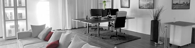 Moderner Wohnraum mit Schlafbereich, Schreibtisch und gemütlicher Sitzgruppe.