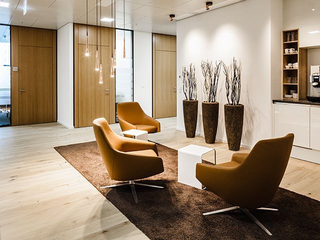 Moderne Lounge mit zwei Sesseln, Pflanzen und hellem Holzdekor.