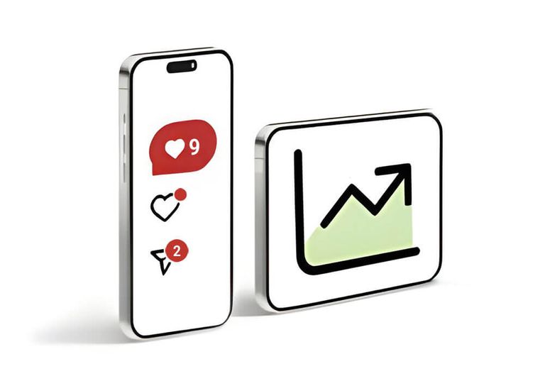 Smartphone mit Like-Buttons und Wachstumsdiagramm auf Display.