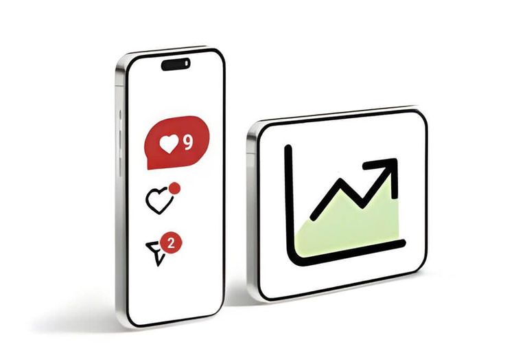 Smartphone mit Like-Buttons und Wachstumsdiagramm auf Display.