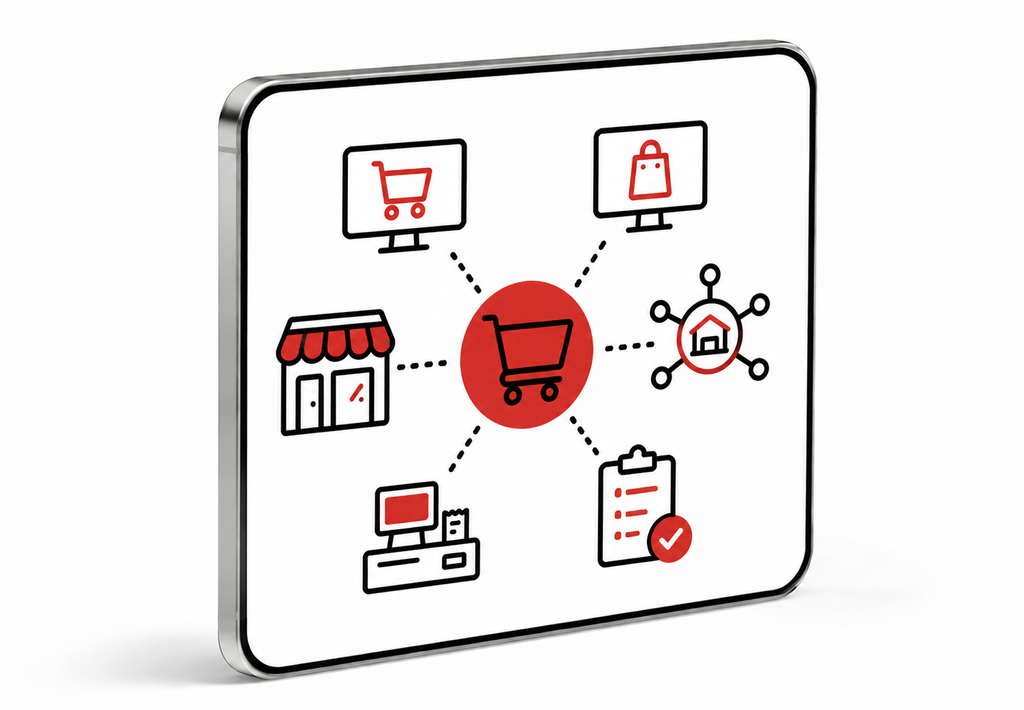 Einkaufsprozess-Diagramm mit Online-Shopping, Bestellung, Lager und Lieferung.