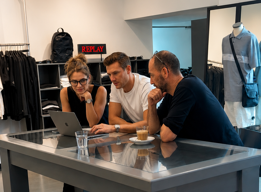 Drei Personen besprechen in einem Laden Laptop-Inhalte an einem Tisch mit Kaffee.
