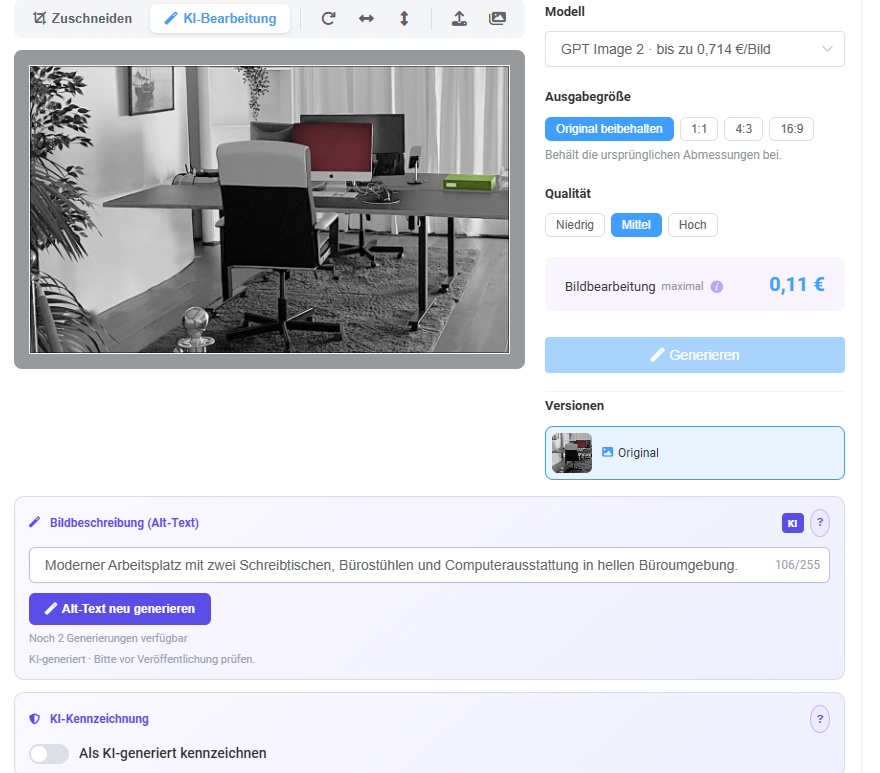 KI-generierte Bildbearbeitung eines Möbelstücks in Schwarz-Weiß mit Farbkorrektur, Preis 0,11 €.