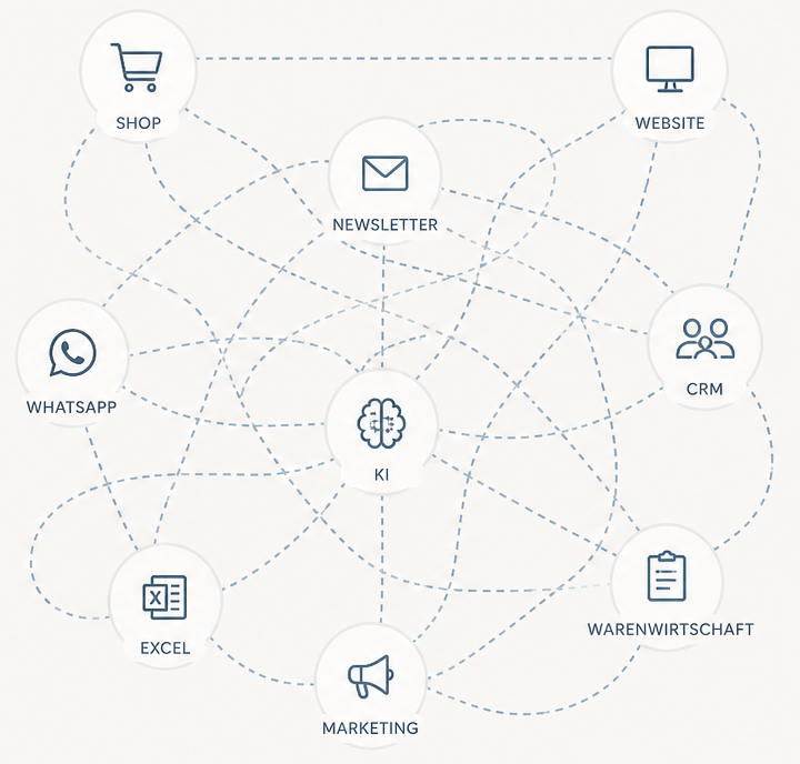 Zentrales KI-System, das Shop, Website, CRM, Marketing, WhatsApp, Newsletter, Excel und Warenwirtschaft verbindet.